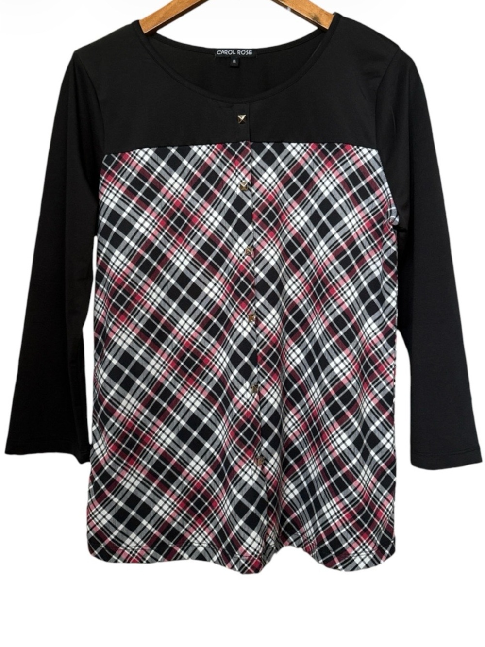 Carol Rose Black Top with Red and White Plaid Front